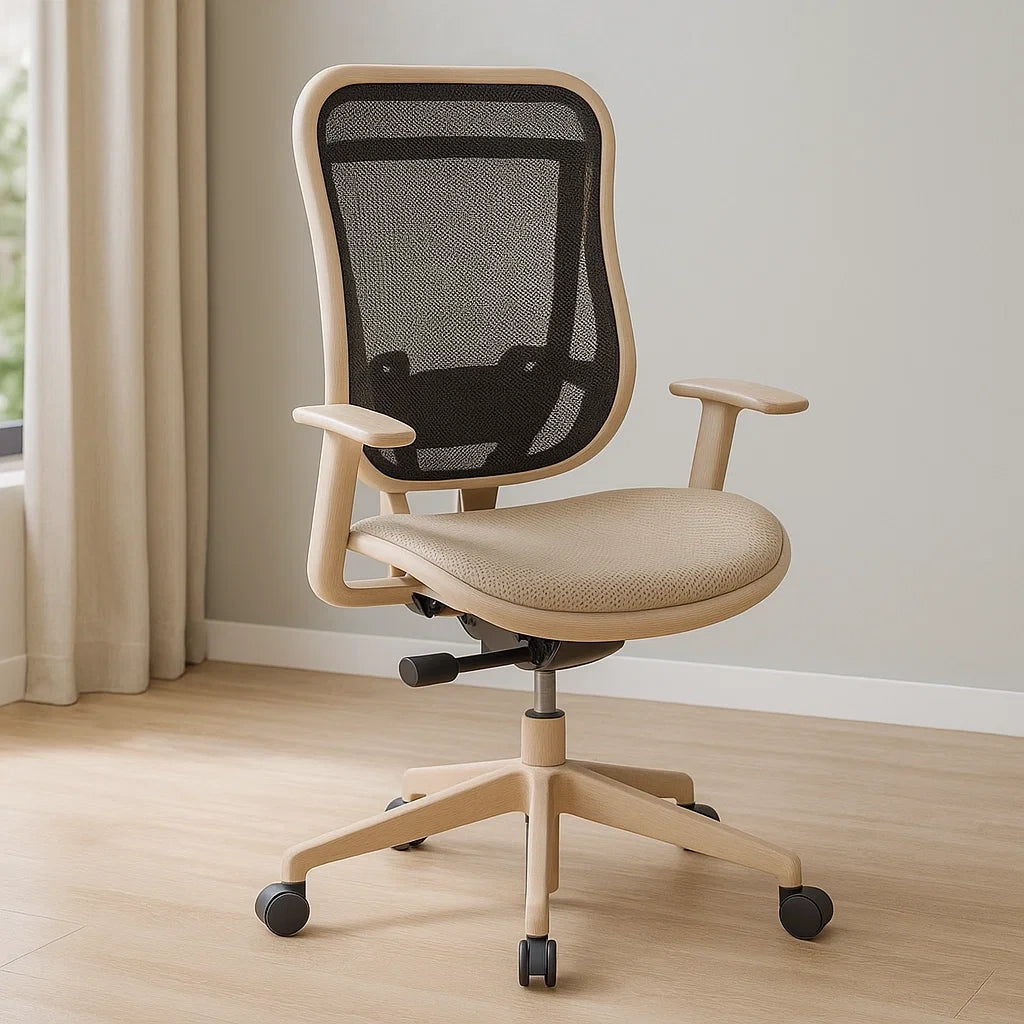 Chaise de bureau réglable beige en maille et plastique avec accoudoirs 120x60x60 cm