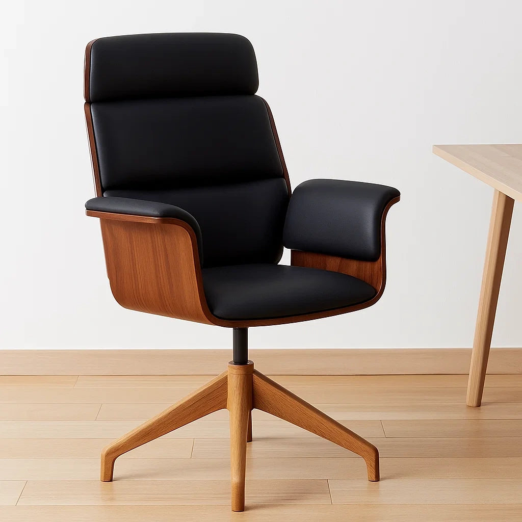 Chaise de bureau ergonomique en similicuir noir avec structure en acier finition bois et pieds en métal réglables