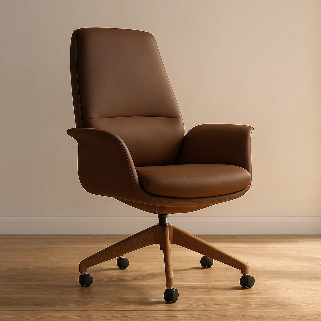 Chaise de bureau pivotante en similicuir brun avec accoudoirs et roulettes