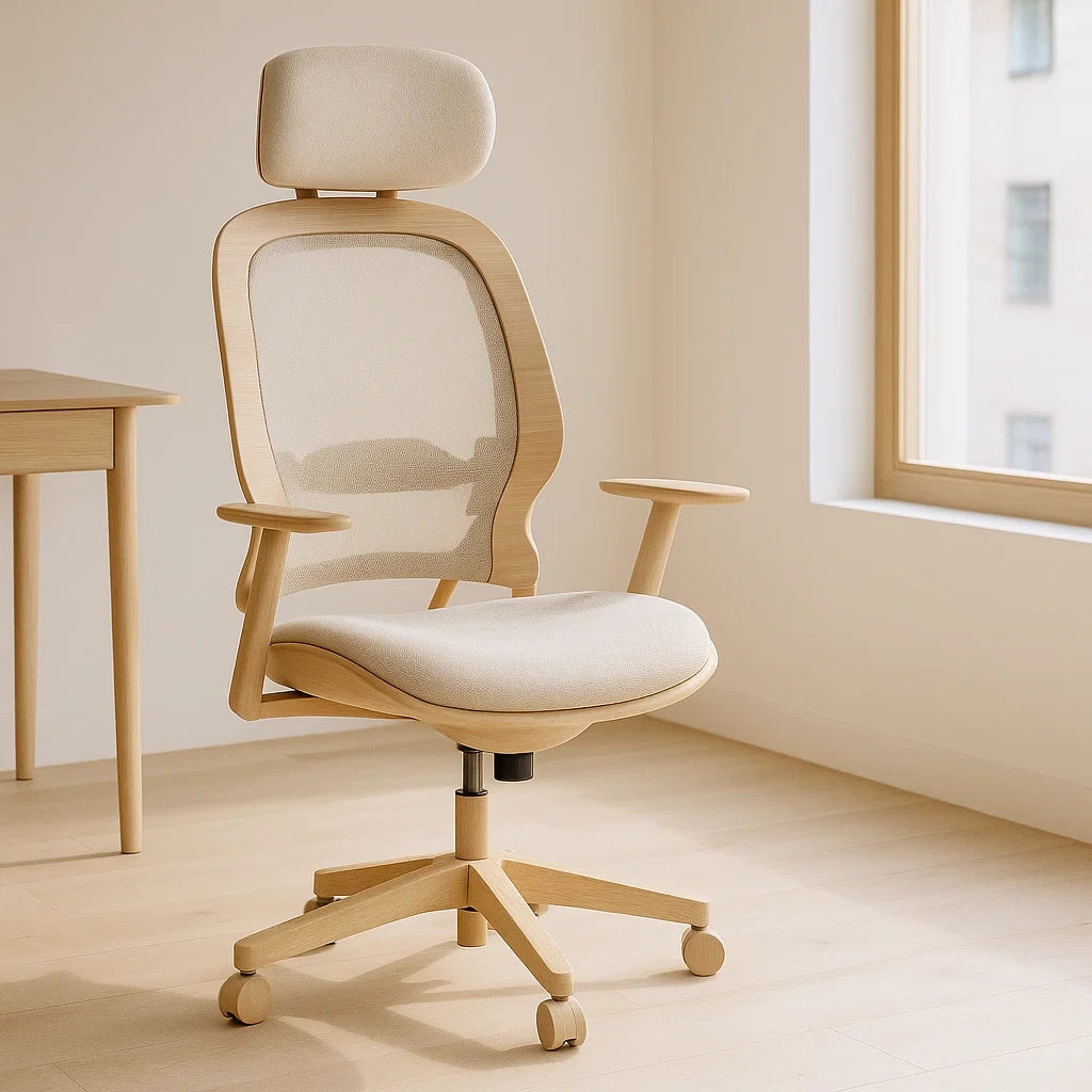 Chaise de bureau avec dossier en maille et accoudoirs réglables beige