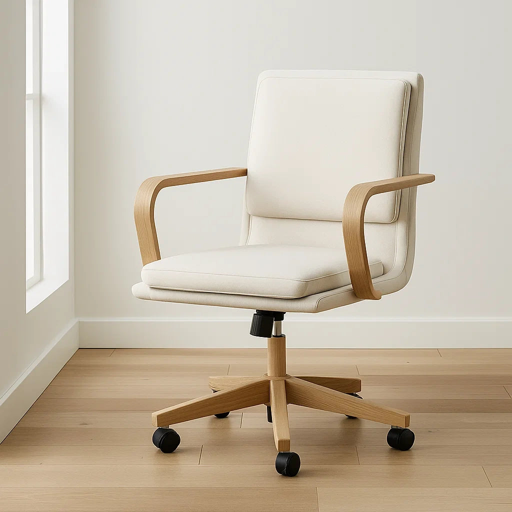 Chaise de bureau pivotante en acier avec finition bois et tissu crème hauteur réglable avec roulettes