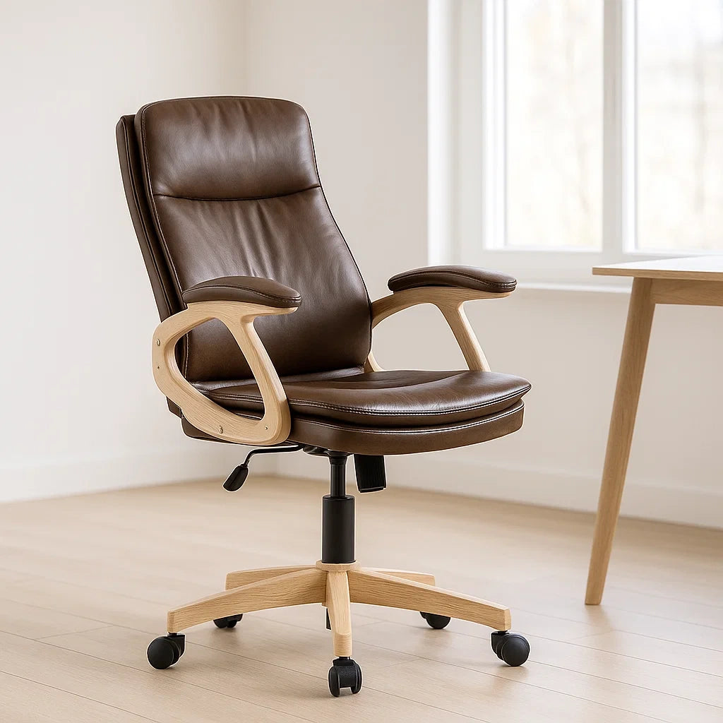 Chaise de bureau ergonomique cuir marron sur roulettes
