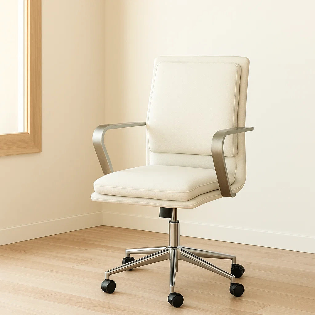 Chaise de bureau réglable à roulettes en acier inoxydable et tissu polyester crème