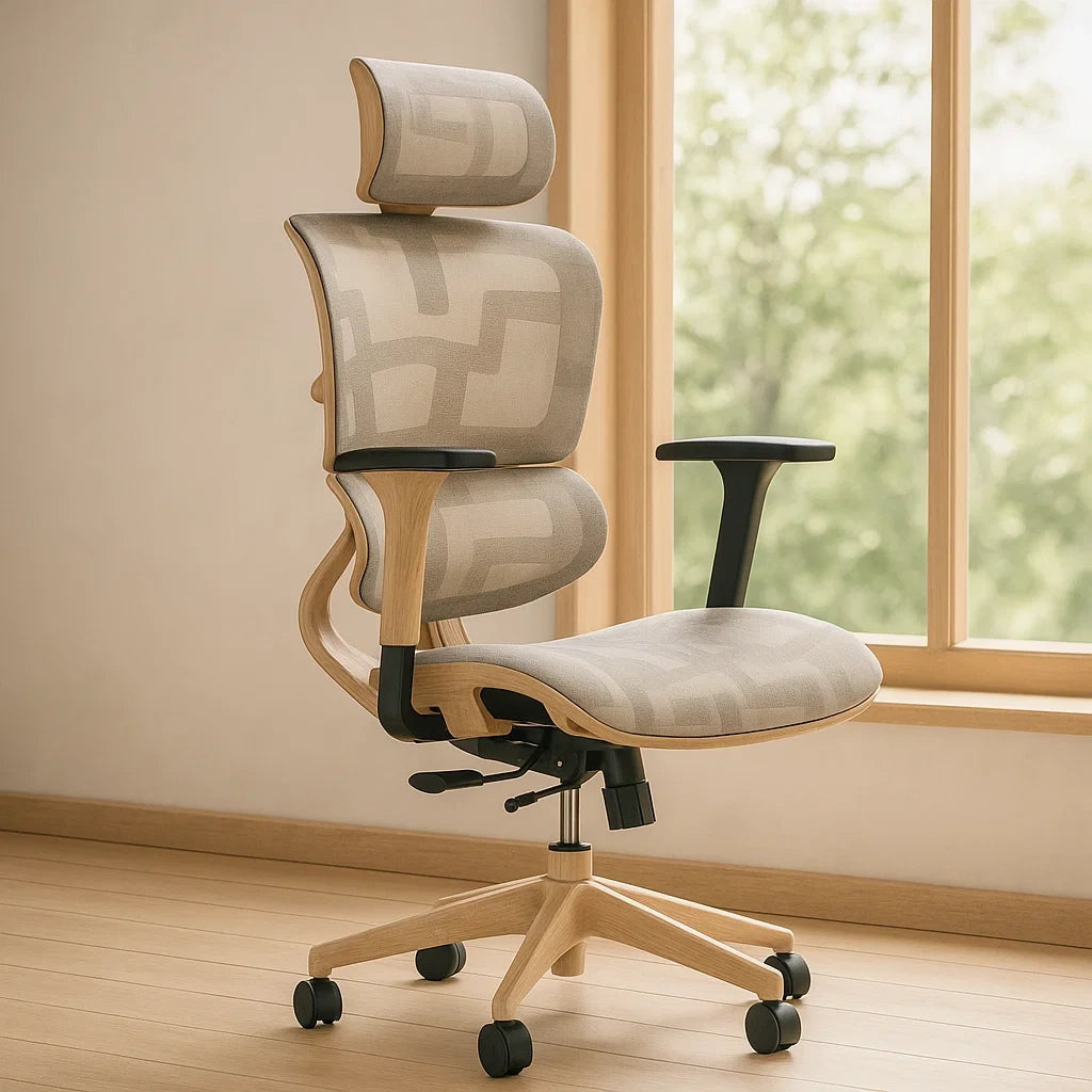 Chaise de bureau tissu polyester beige acier réglable avec accoudoirs