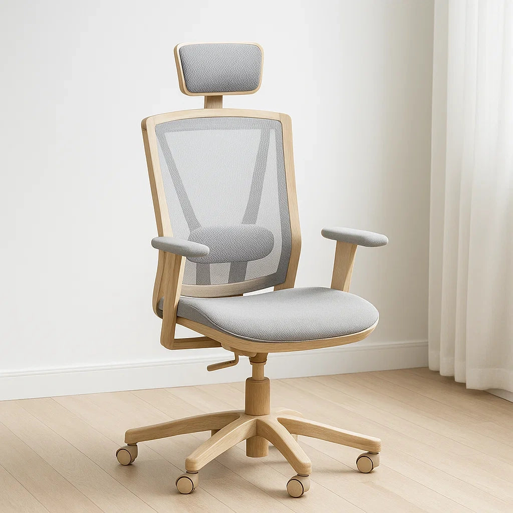 Chaise de bureau avec dossier en maille et accoudoirs réglables bois/gris