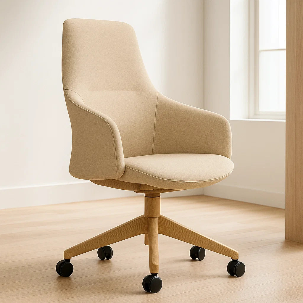 Chaise de bureau en tissu beige avec roulettes et hauteur réglable en acier