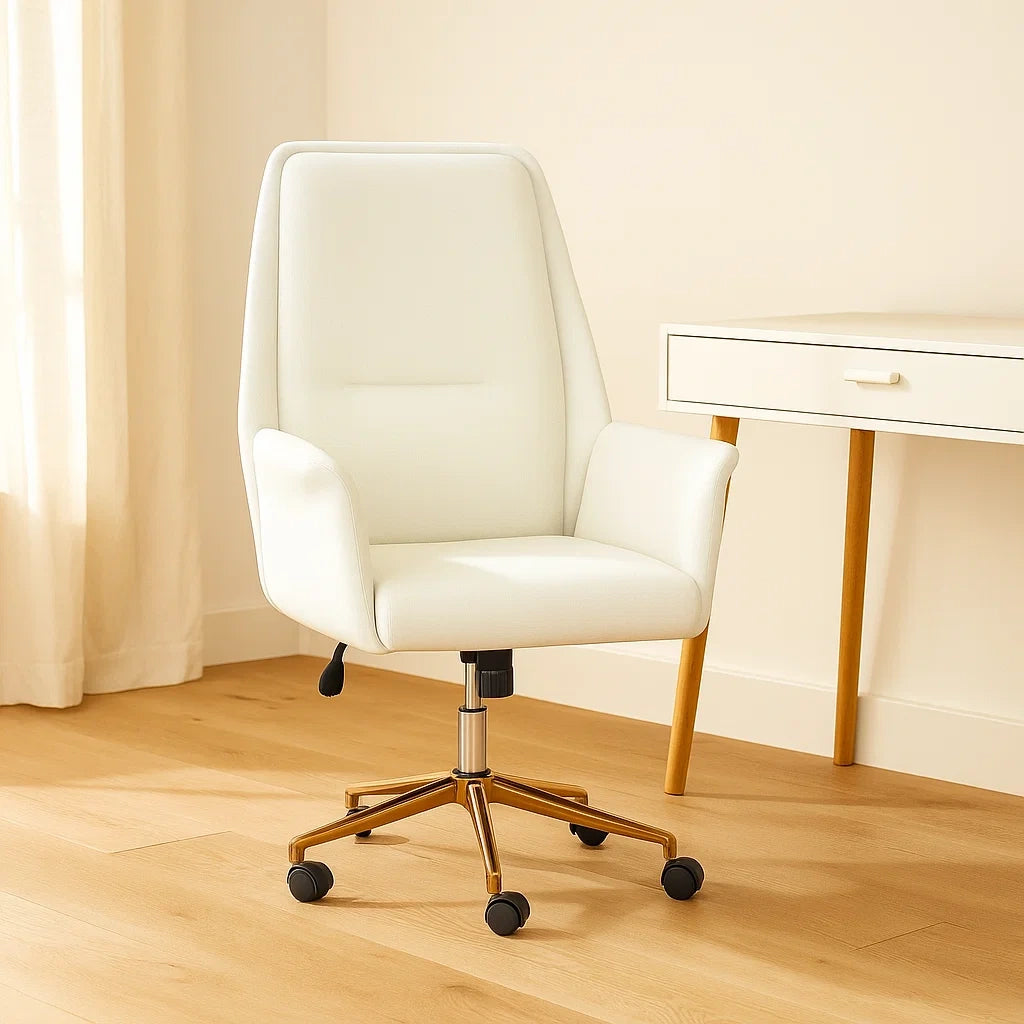 Chaise de bureau en similicuir blanc hauteur réglable pivotante avec roulettes