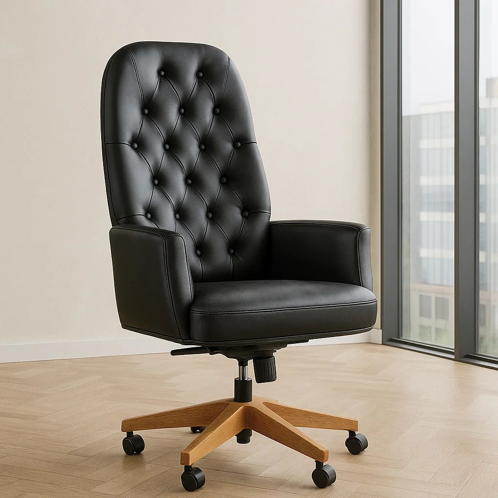 Chaise de bureau pivotante en similicuir noir avec accoudoirs et base en acier