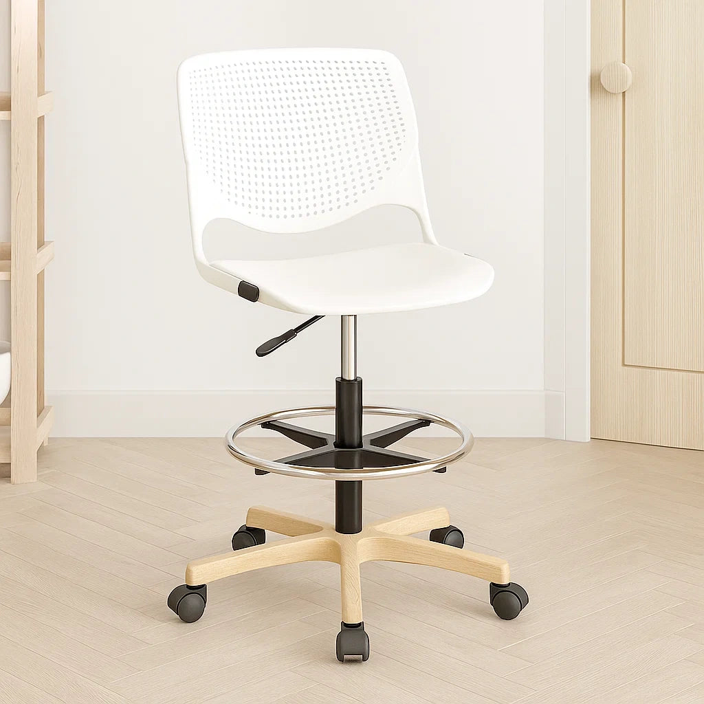 Chaise de bureau réglable blanc en polypropylène avec piètement en acier finition bois et roulettes