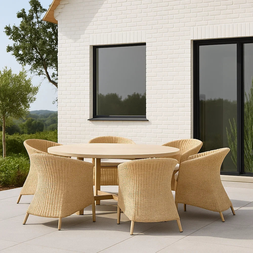 Ensemble table et chaises de jardin 7 pièces table ronde bois 6 fauteuils osier beige