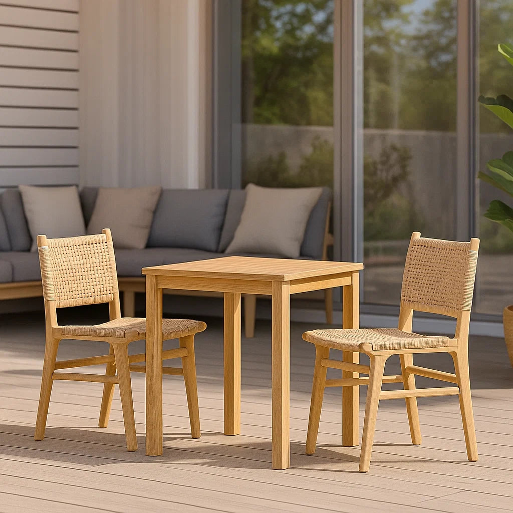 Ensemble table et chaises de jardin 3 pièces bois massif clair tissé 1 table 2 chaises