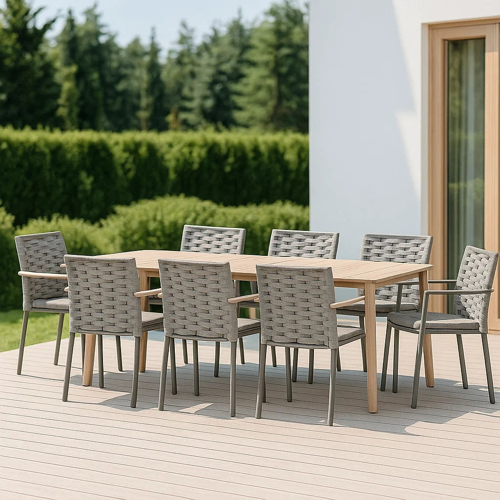 Ensemble table et chaises de jardin 9 pièces bois table rectangulaire chaises aluminium corde tressée gris clair