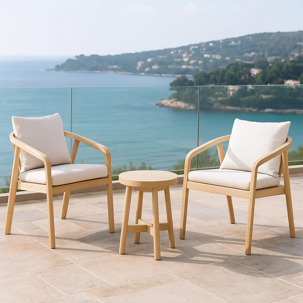 Ensemble table et chaises de jardin 3 pièces bois massif coussins polyester blanc