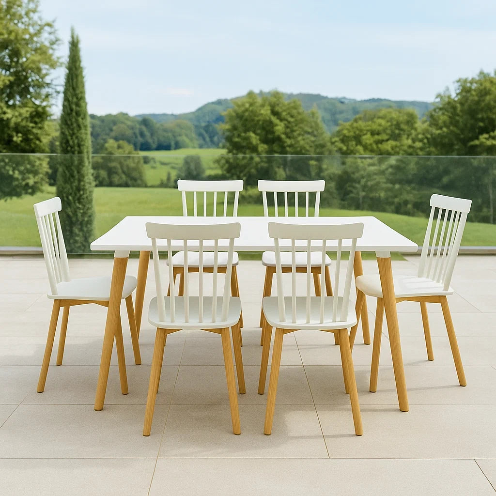 Ensemble table et chaises de jardin 7 pièces table rectangulaire aluminium blanc 6 chaises polypropylène pieds bois de hêtre