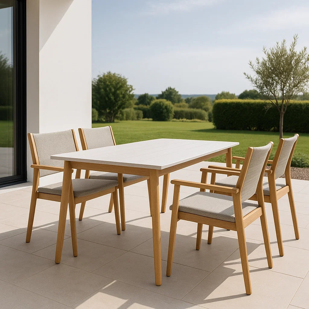 Ensemble table et chaises de jardin 5 pièces table rectangulaire bois/aluminium chaises rembourrées tissu beige