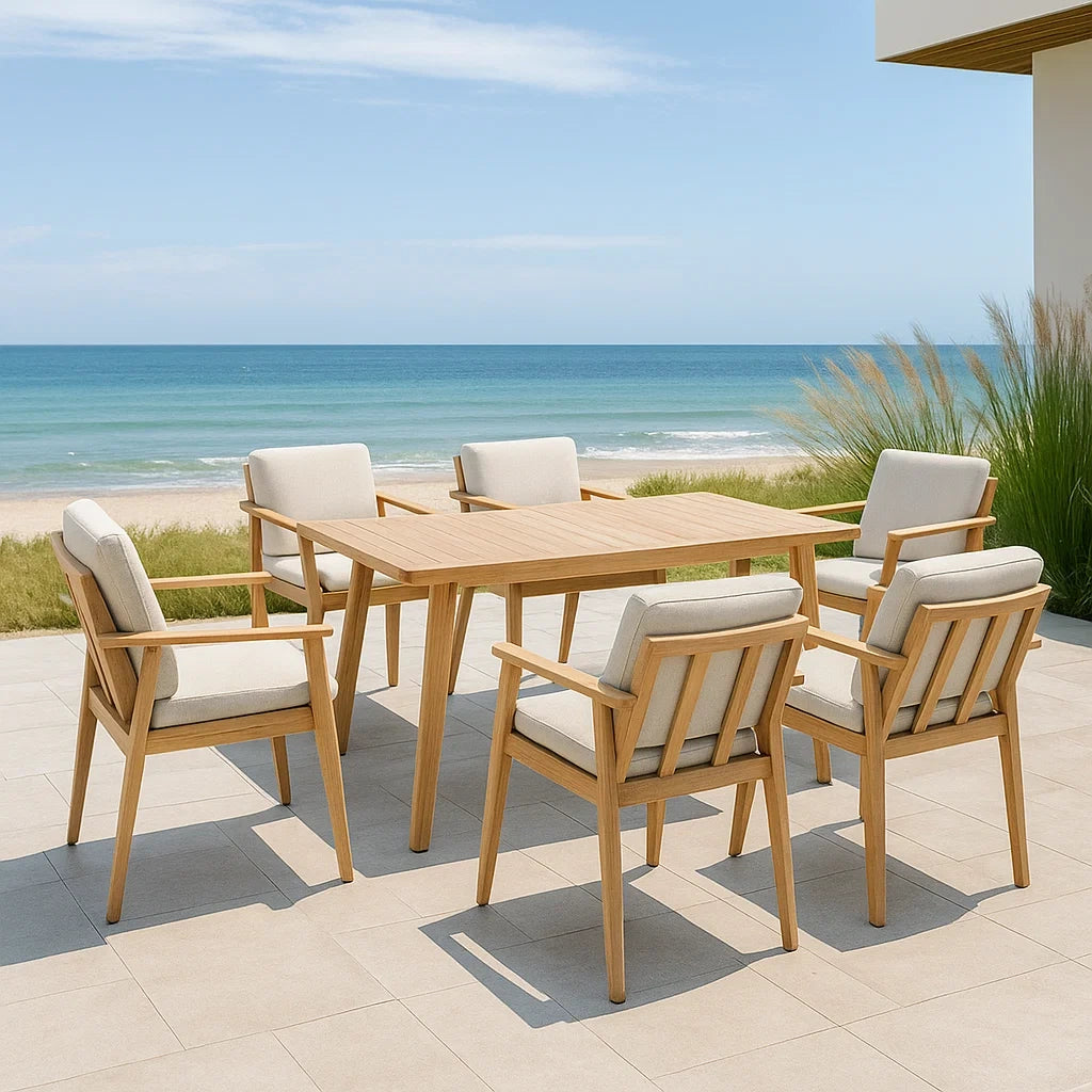 Ensemble table et chaises de jardin 7 pièces bois extérieur 6 personnes coussins crème