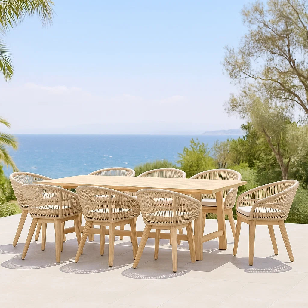 Ensemble table et chaises de jardin 9 pièces table rectangulaire bois chêne sièges corde beige