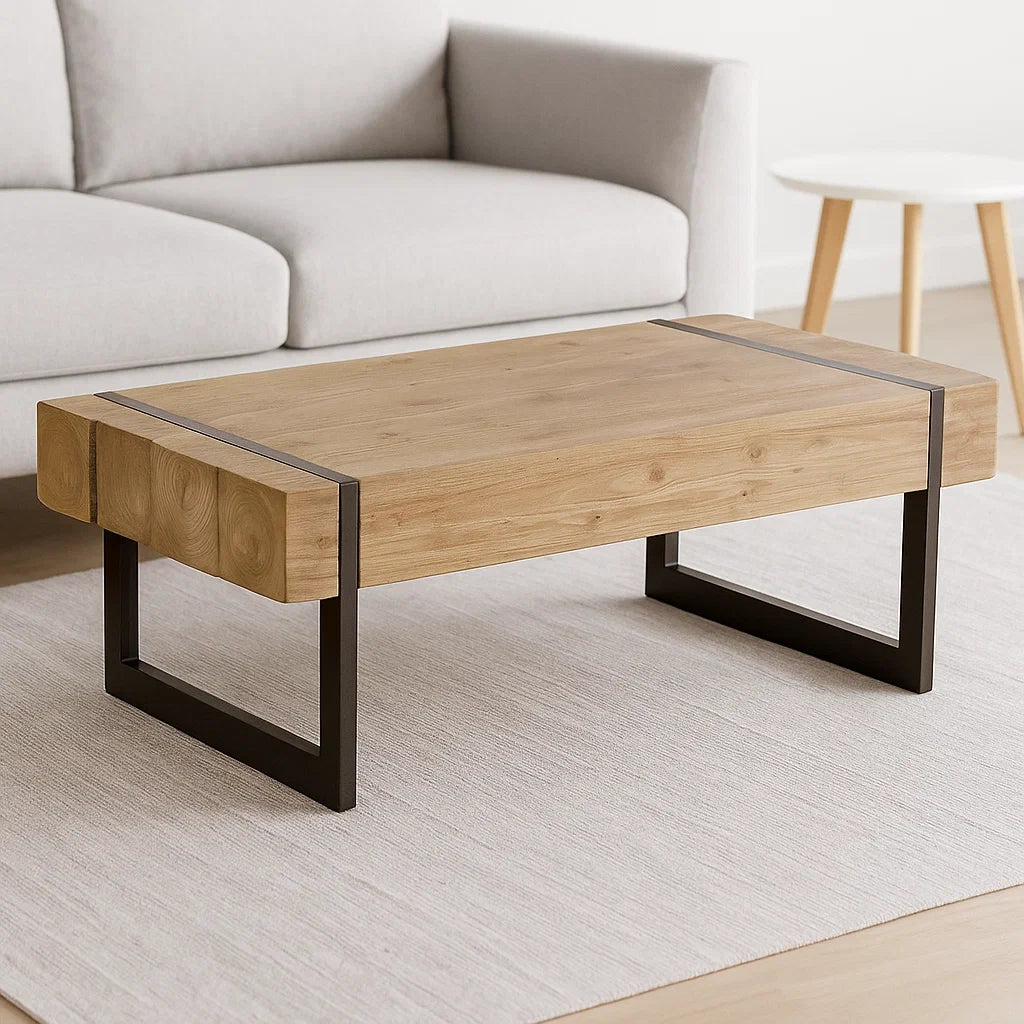 Table basse rectangulaire chêne massif et métal 120x60x40 cm