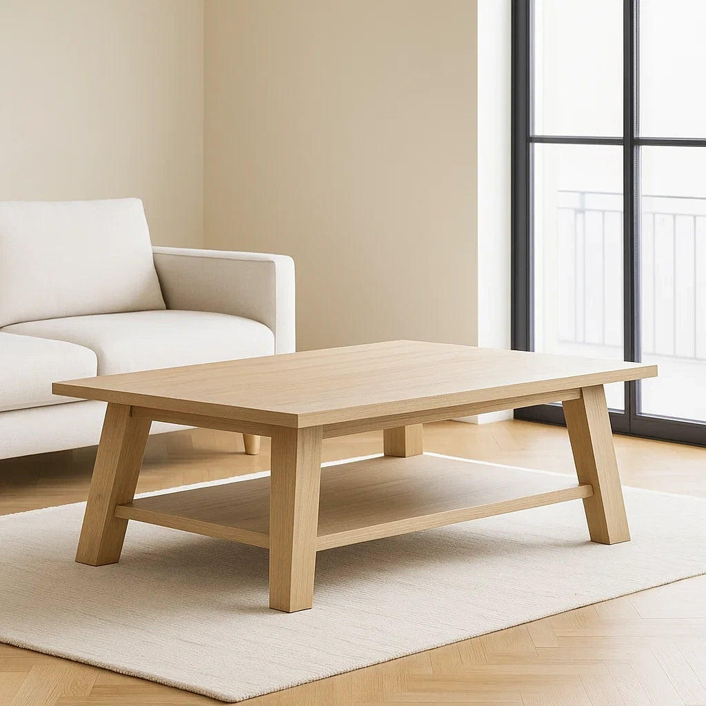 Table basse rectangulaire chêne massif avec étagère 120x60x45 cm