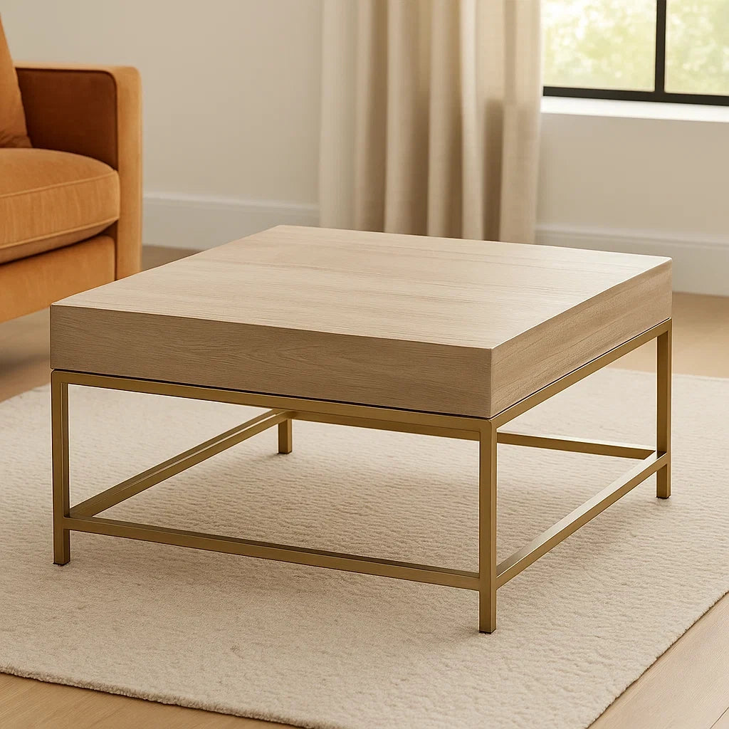 Table basse carrée bois métal chêne clair/doré 80x80x40 cm