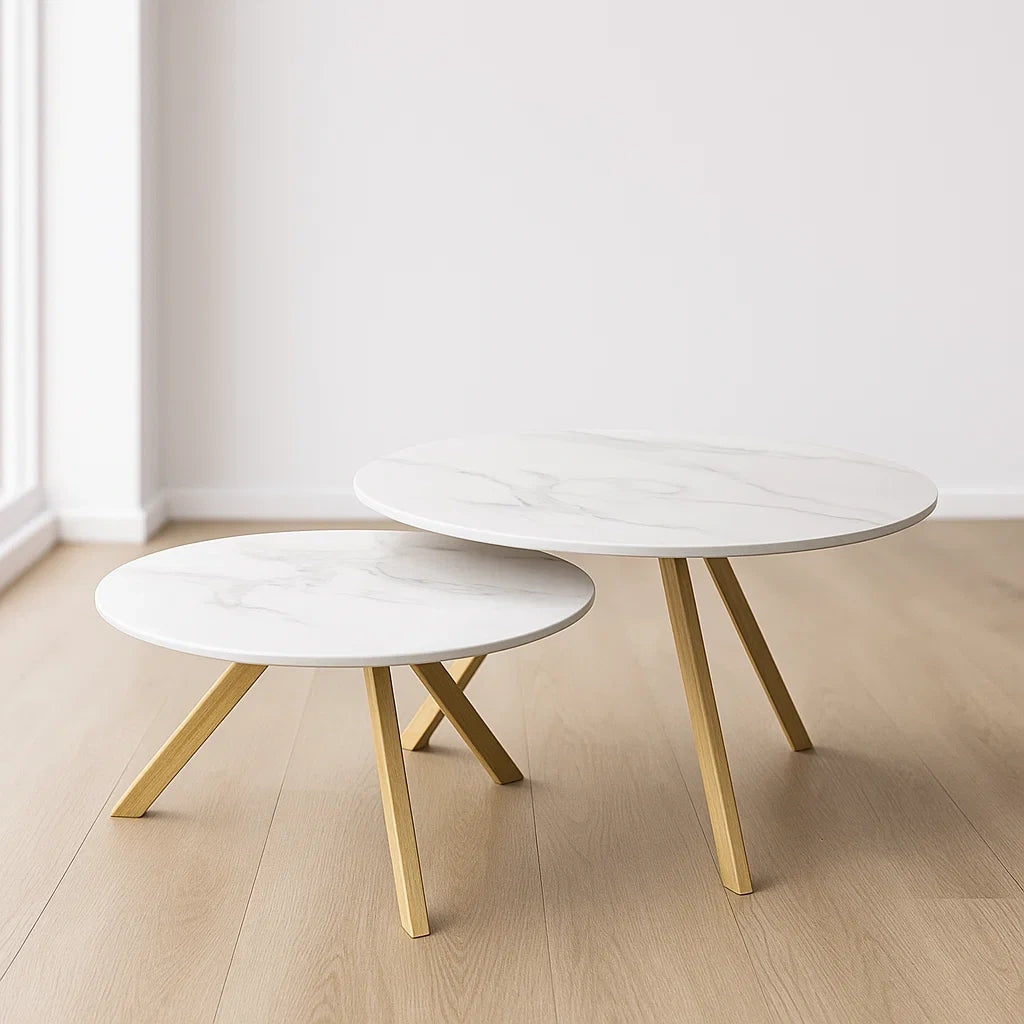 Table basse gigogne ronde effet marbre bois en ensemble