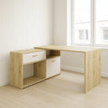 Bureau d'angle bois clair/blanc en panneaux de particules avec tiroirs 150x120x75 cm