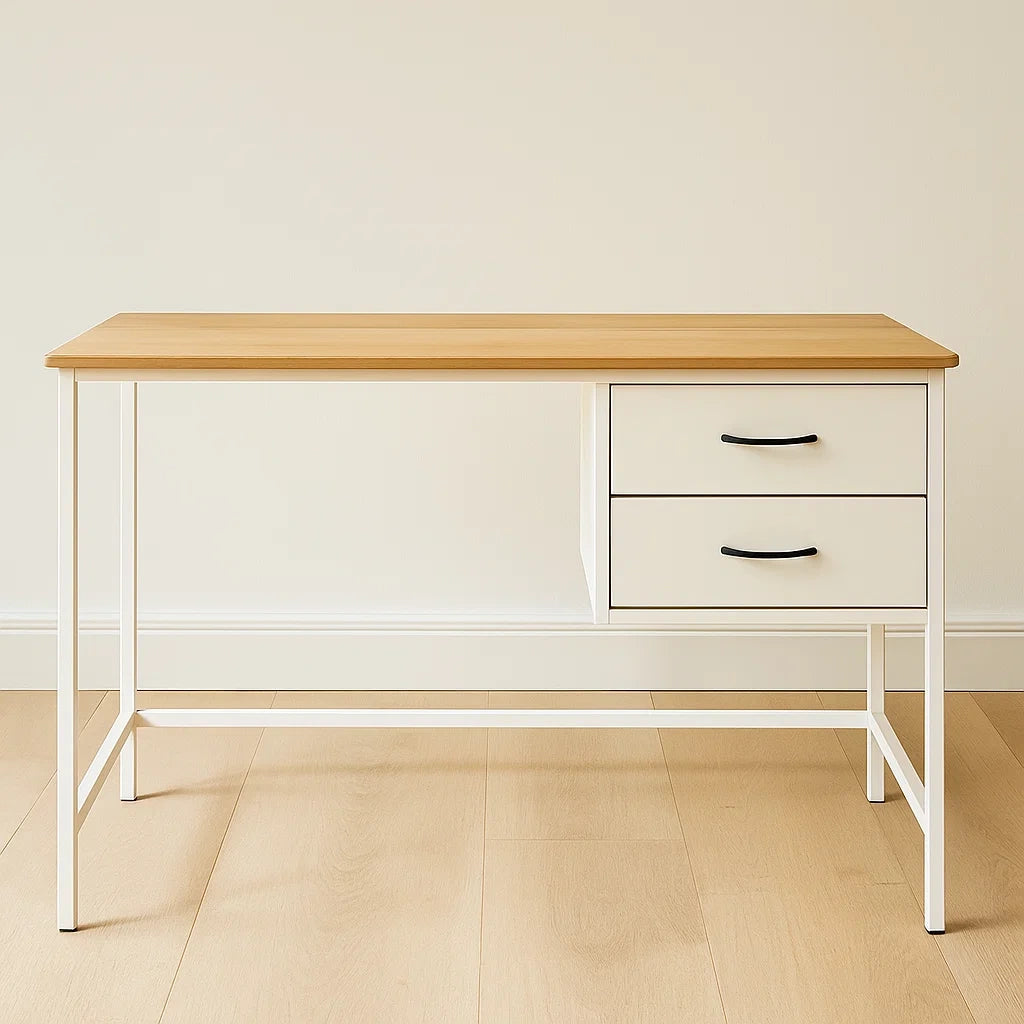 Bureau en bois MDF et métal blanc avec deux tiroirs 110x45x75 cm