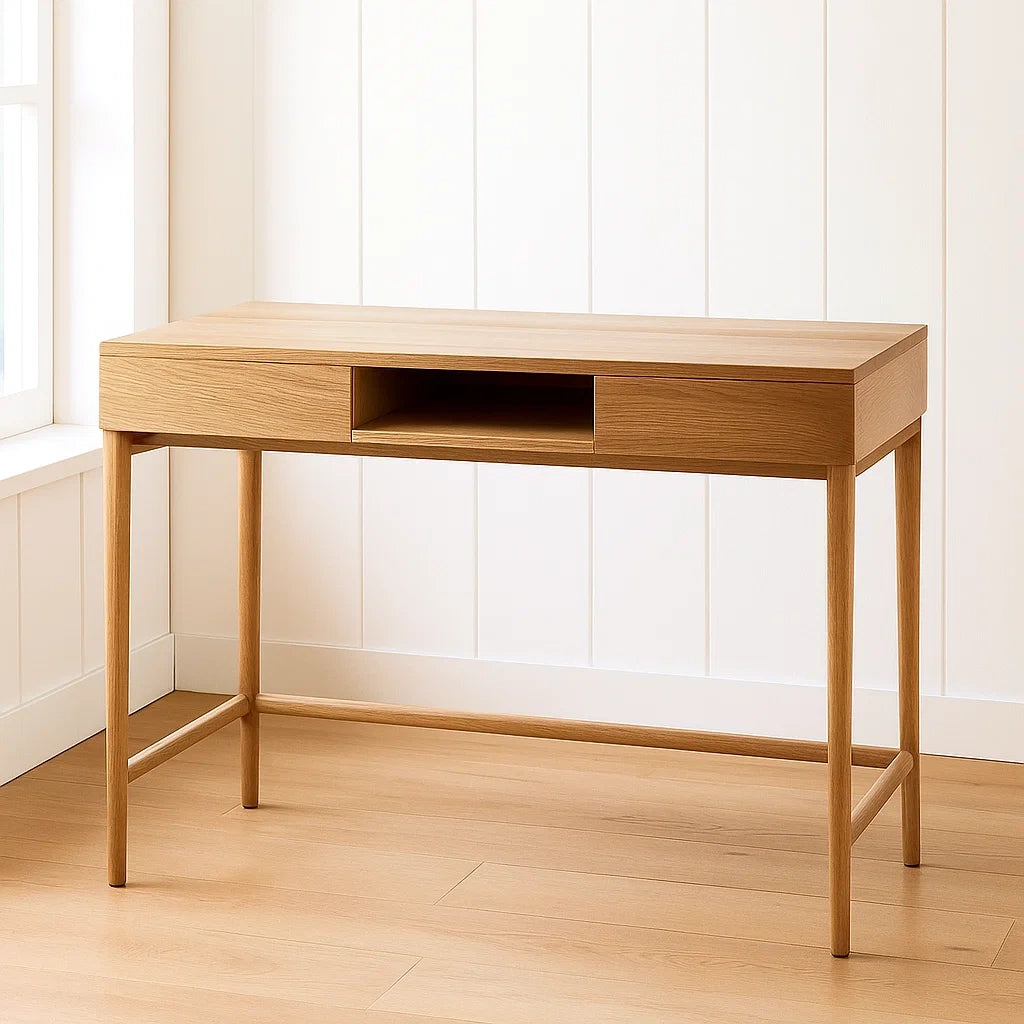 Bureau en bois de chêne avec rangement ouvert