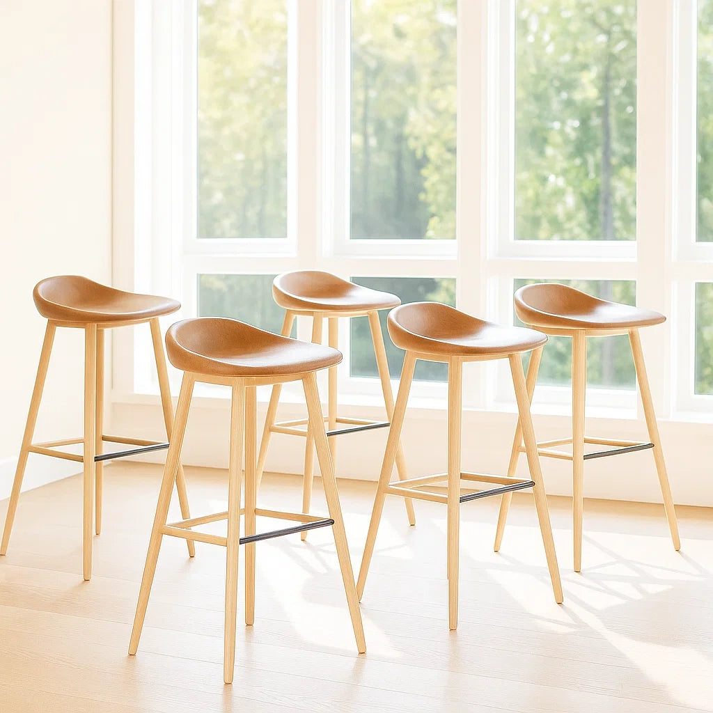 Lot de 5 tabourets de bar bois clair assise PU marron clair