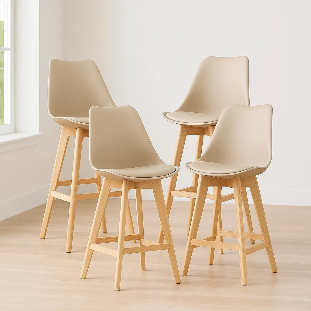 Lot de 4 tabourets de bar hauts similicuir beige pieds bois massif