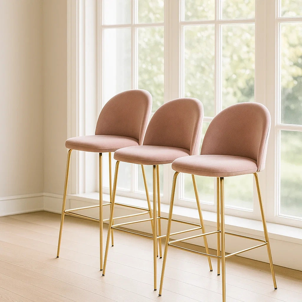 Lot de 3 tabourets de bar velours rose acier inoxydable doré