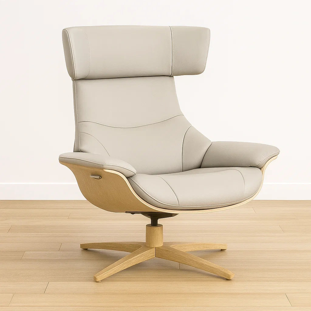 Fauteuil pivotant cuir PU crème base bois clair 100x75x80 cm