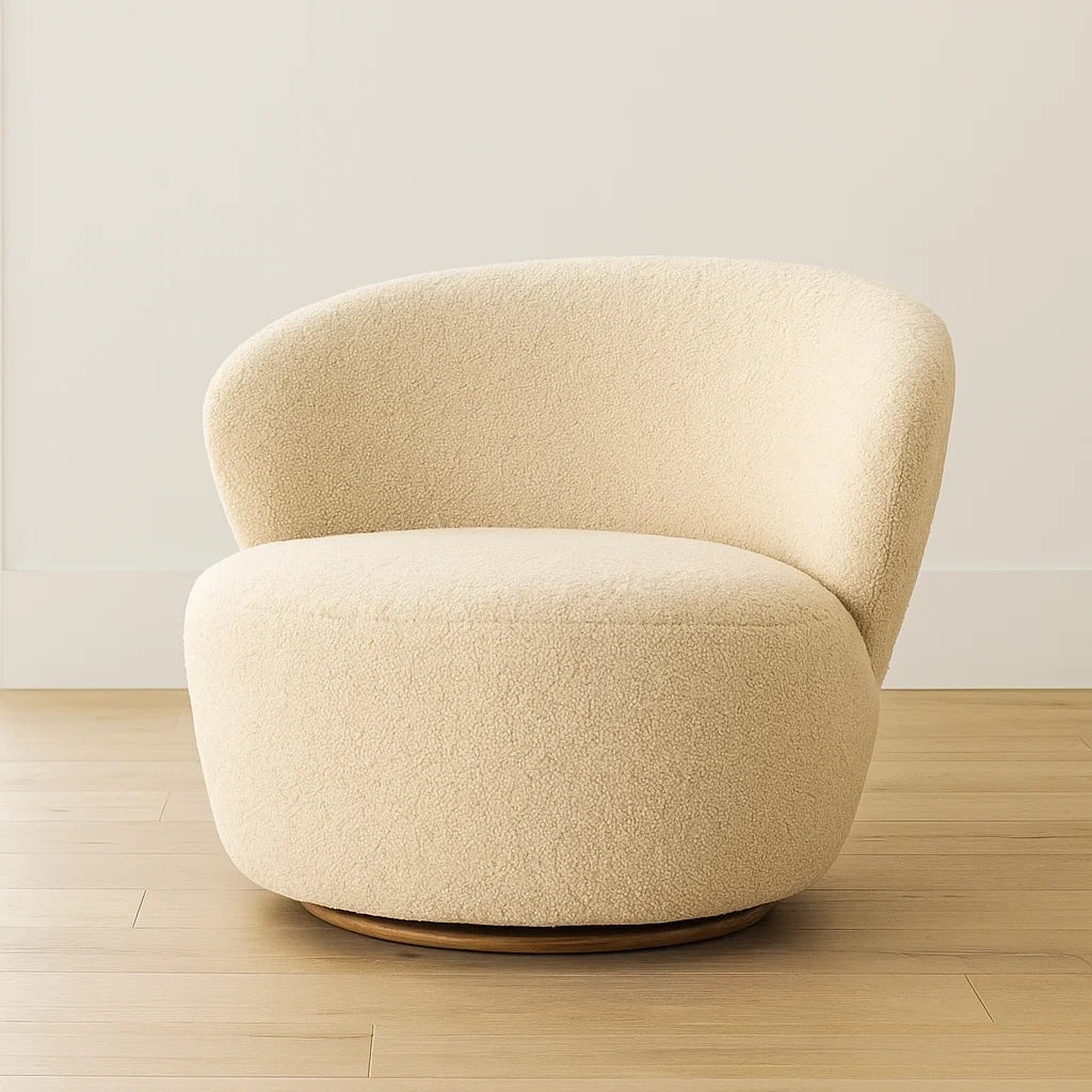 Fauteuil pivotant tissu bouclette crème base bois