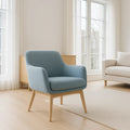 Fauteuil rembourré tissu bleu pieds bois chêne