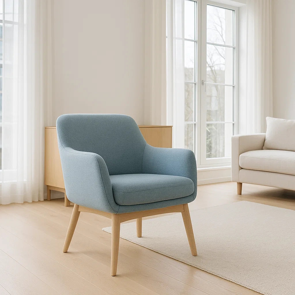 Fauteuil rembourré tissu bleu pieds bois chêne