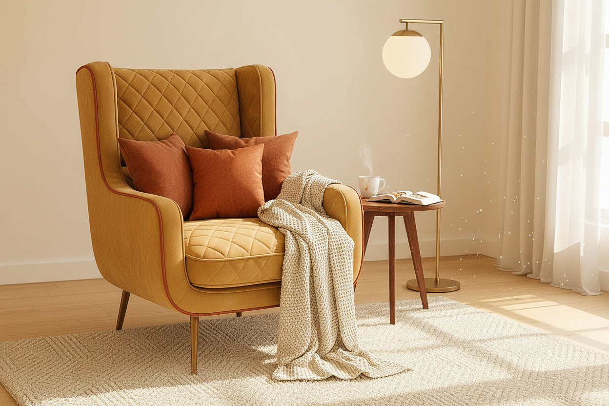 Fauteuil velours jaune pieds métalliques 75x80x100 cm