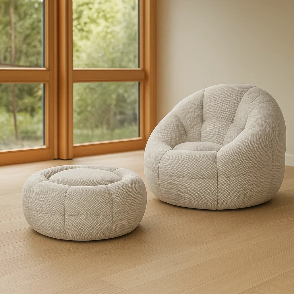 Fauteuil rond tissu beige avec repose-pieds