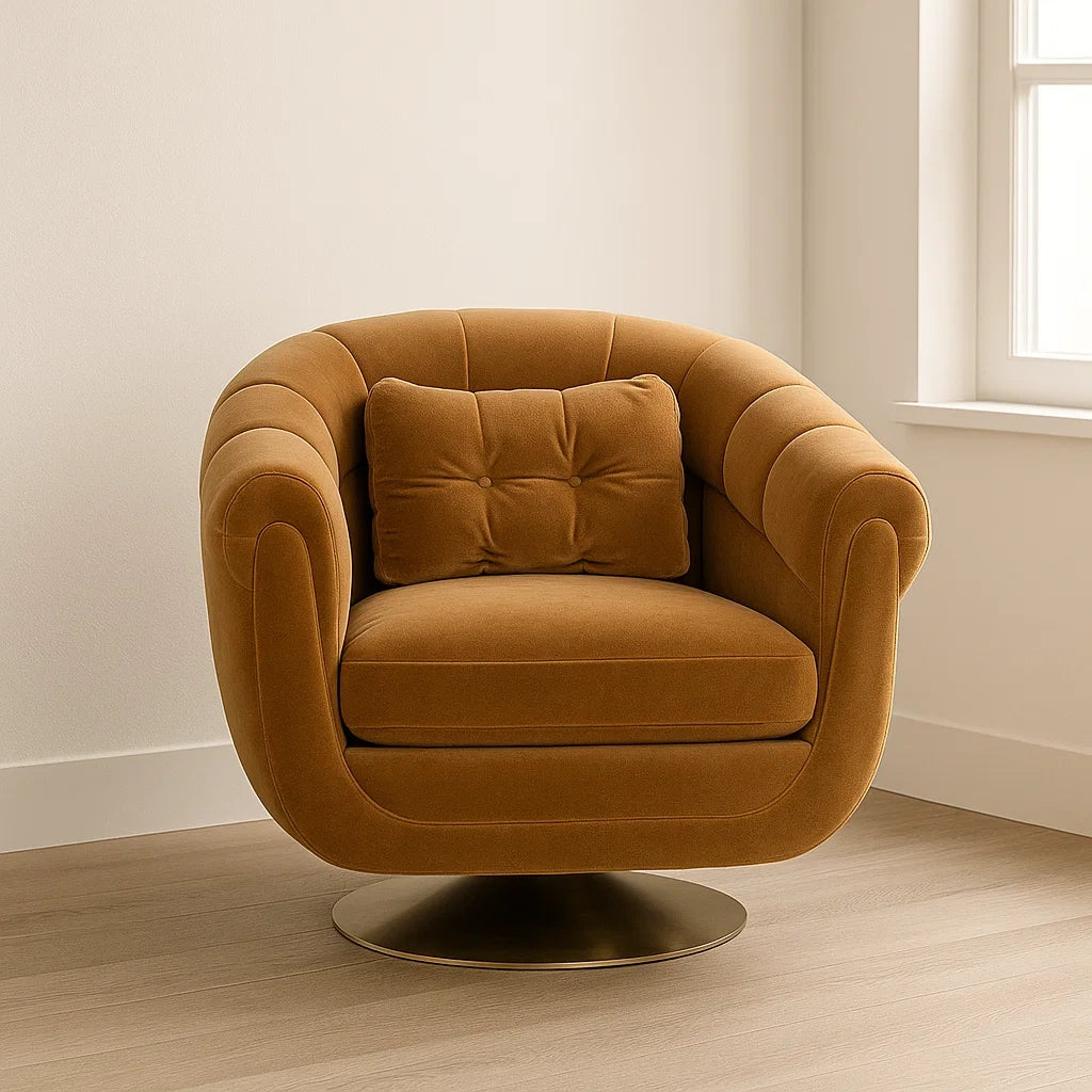 Fauteuil pivotant velours marron piètement métal avec coussin