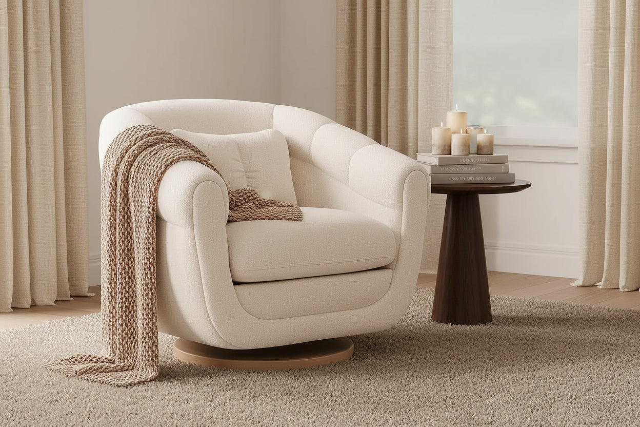 Fauteuil rond tissu bouclé blanc crème pivotant