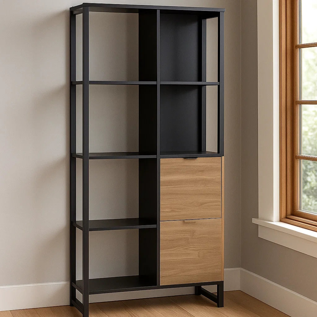 Etagères en métal noir et bois avec portes 185x90x35 cm