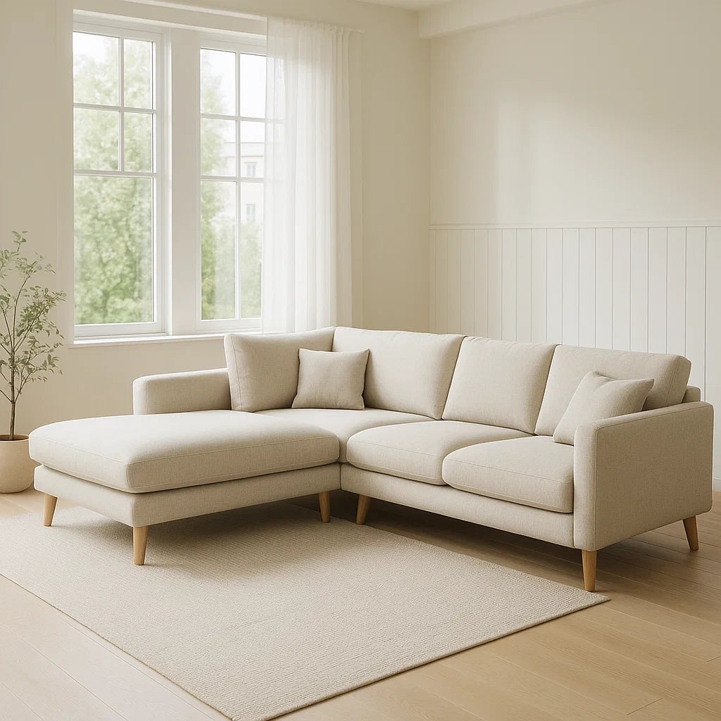 Canapé d'angle en tissu polyester beige avec pieds en bois 220x150 cm