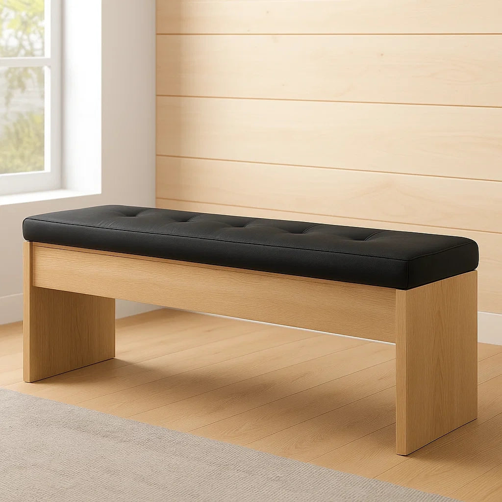 Banquettes rectangulaires en cuir PU noir et bois massif de chêne 120x40x45 cm