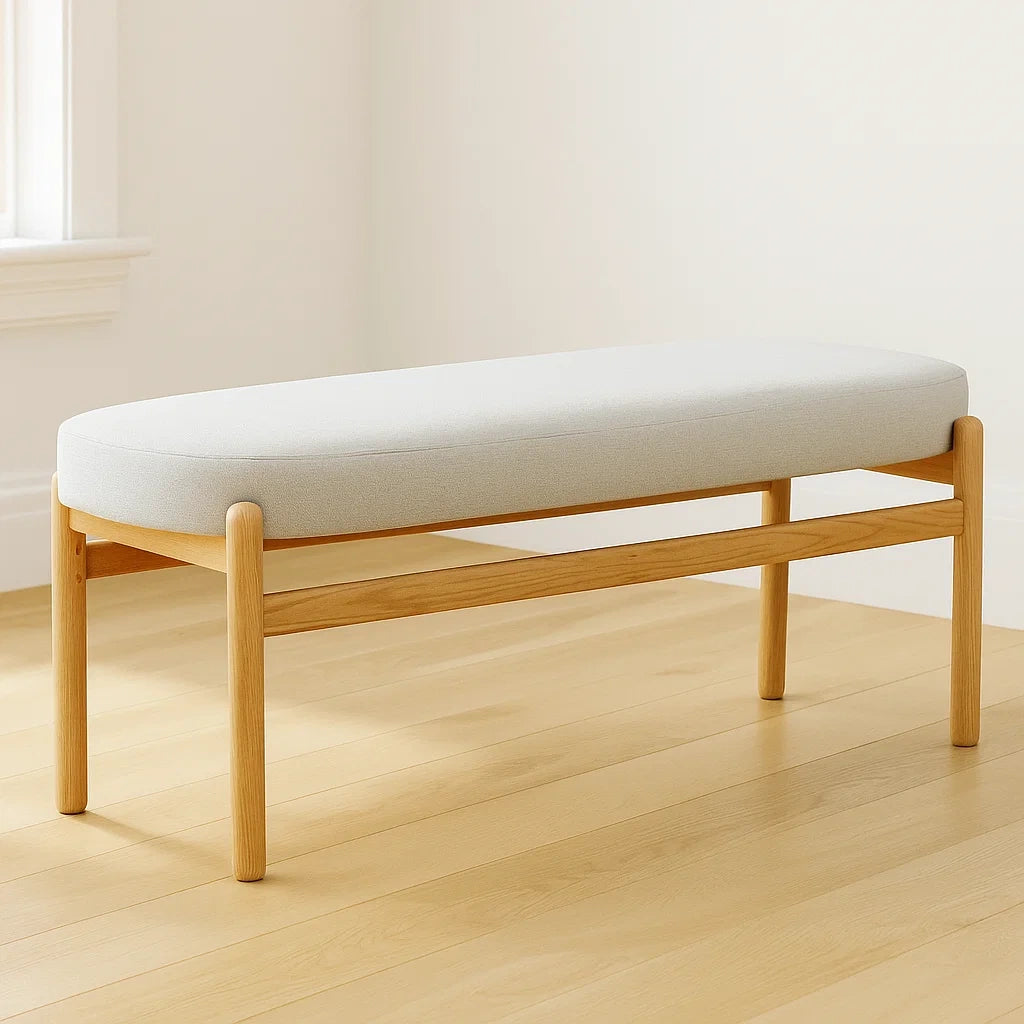 Banquettes en tissu gris clair avec cadre en bois de hêtre 120x40x45 cm