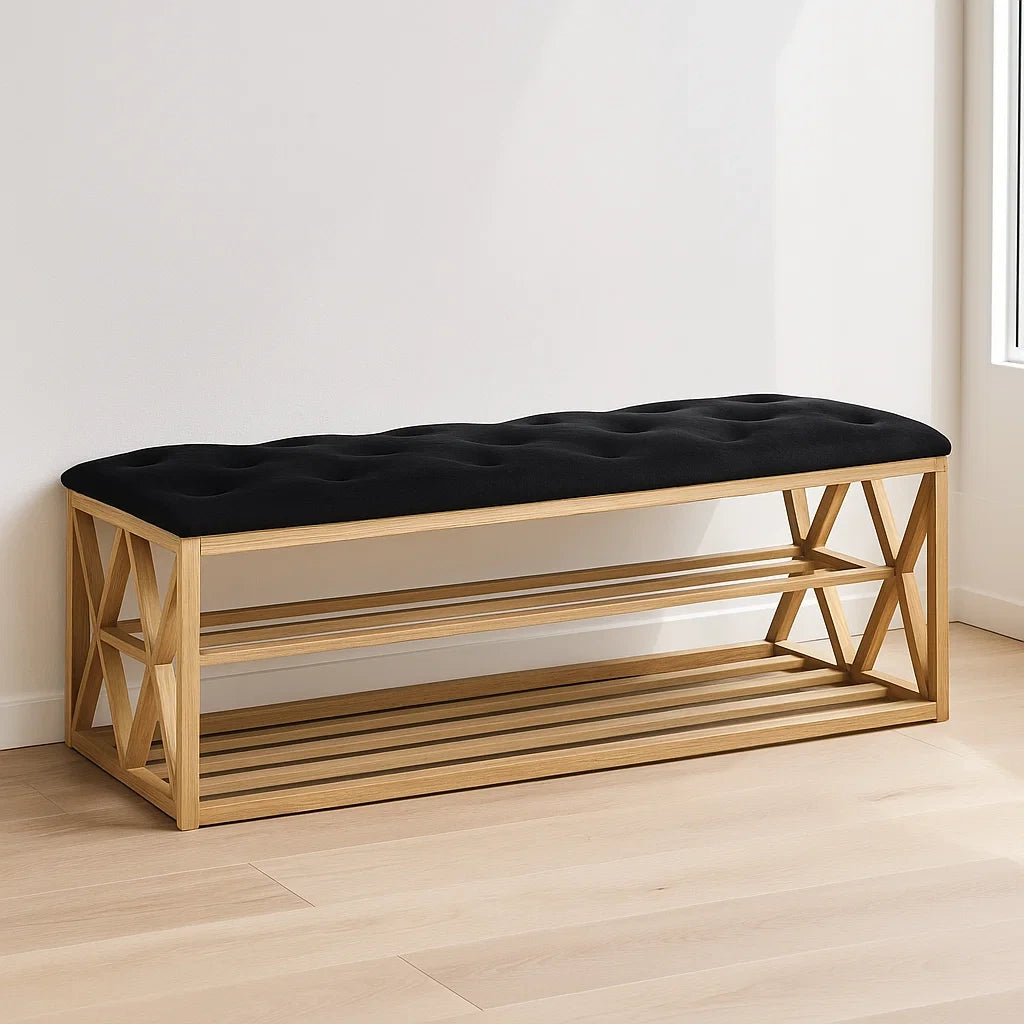 Banquettes de rangement en bois de chêne avec coussin en polyester noir