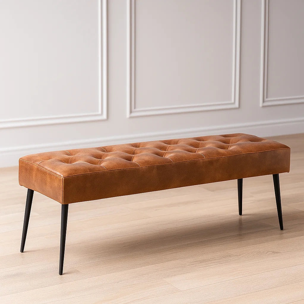 Banquettes rectangulaires en cuir PU marron avec pieds en métal noir 120x40x45 cm