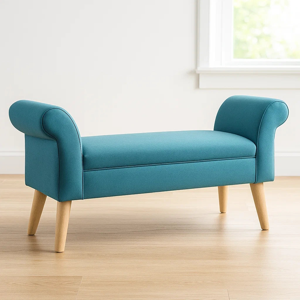 Banquettes coffre rembourrée avec accoudoirs en tissu polyester turquoise et pieds en bois 120x45x60 cm
