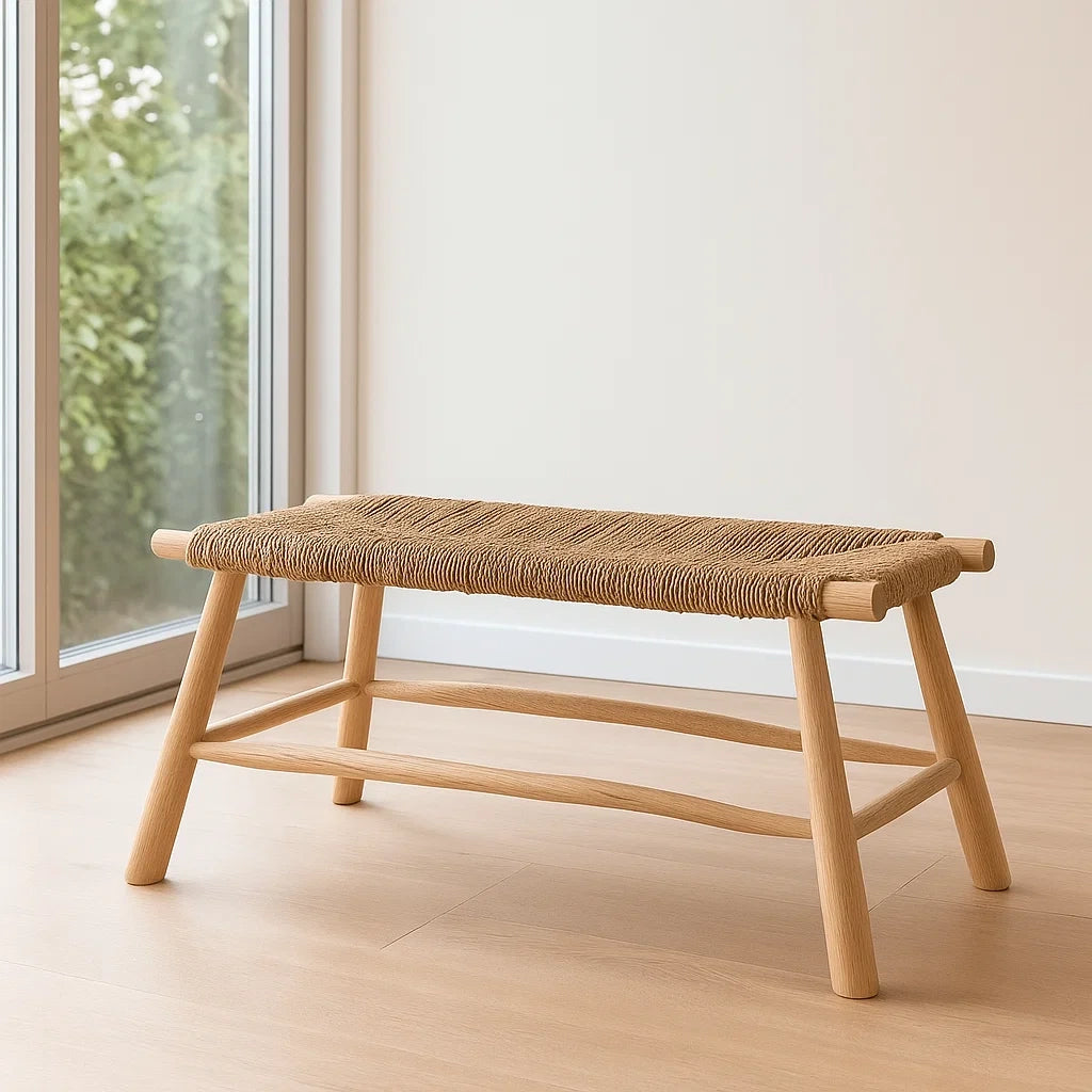 Banquettes en bois de chêne naturel avec assise en corde 100x30x45 cm