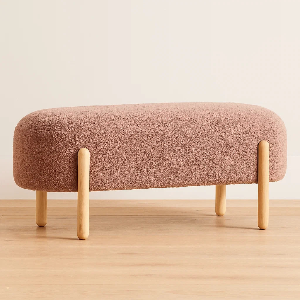 Banquettes rectangulaires en tissu bouclette rose avec assise rembourrée et structure en bois 100x30x40 cm