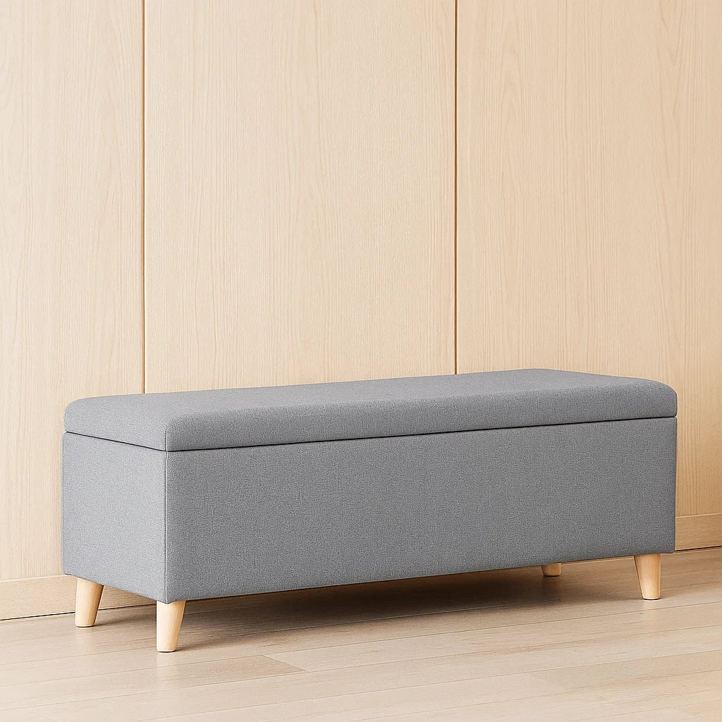 Banquettes de rangement rectangulaire en tissu polyester gris avec pieds en bois 120x40x45 cm