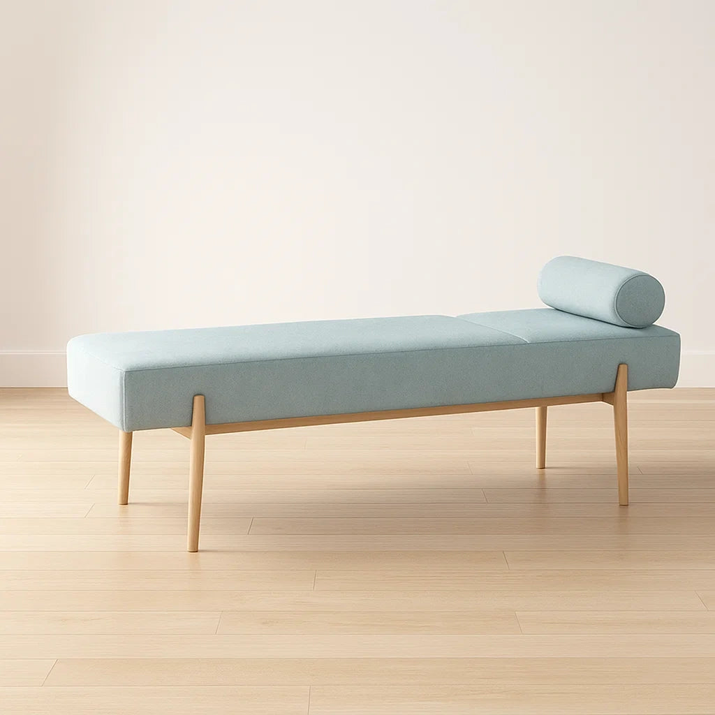 Banquettes en tissu polyester bleu clair et bois de hêtre 180x60x45 cm